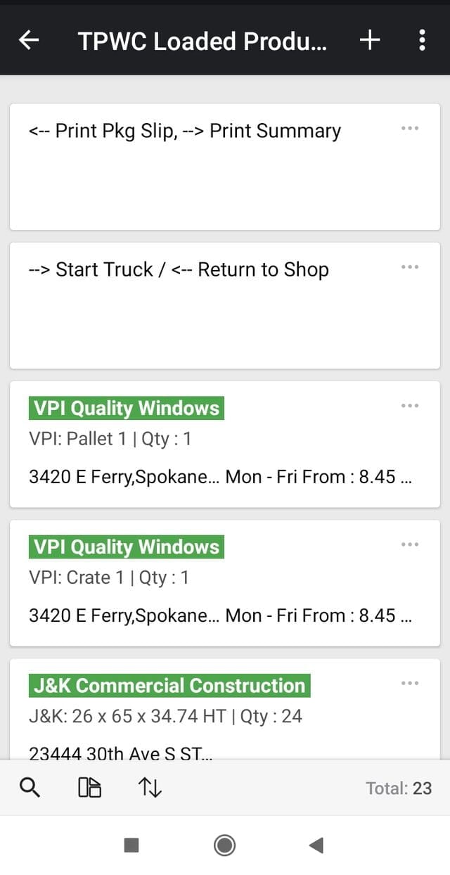 Delivery app mobile screen showing loaded products by client